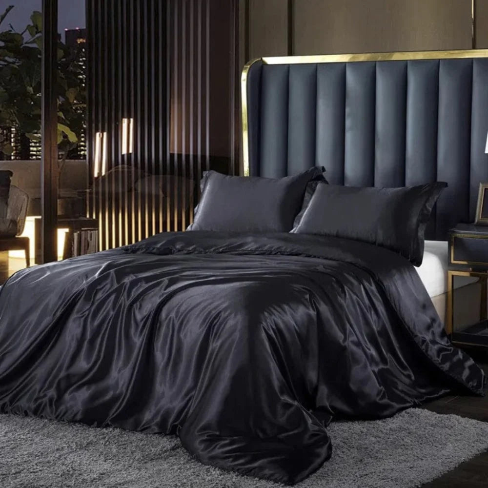 Conjunto De Cama Em Seda 4 Peças - Tazzi Preto / Casal (180X220Cm)